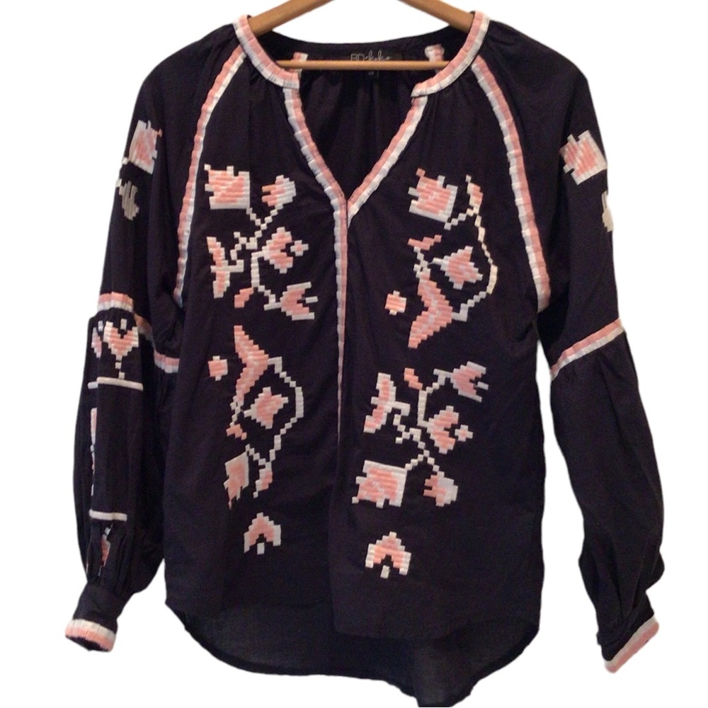 RD & Kokio Navy Blue Boho Pullover Cotton Tunic Top, Embroidered, Size XS, Nice!
